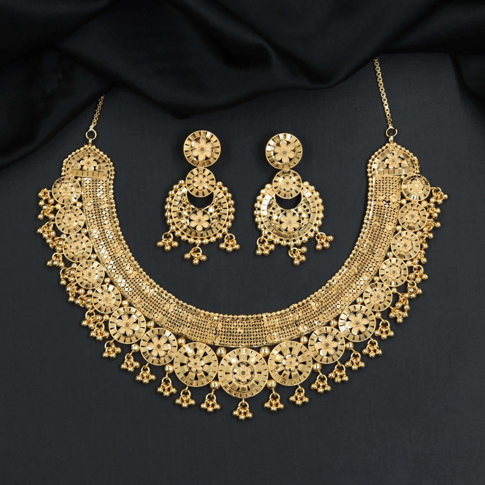 Classic Rosette Panels with Beaded Hanging Details Forming Necklace