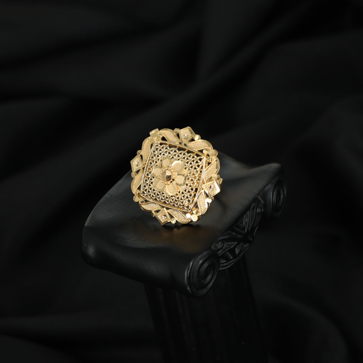 Gold Plated Square Filigree Ring with Floral Centre