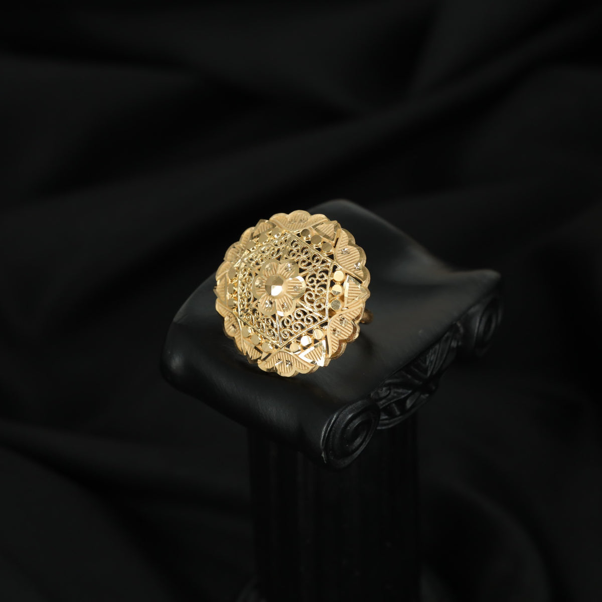Gold Plated Floral Medallion Ring with Sculpted Petals