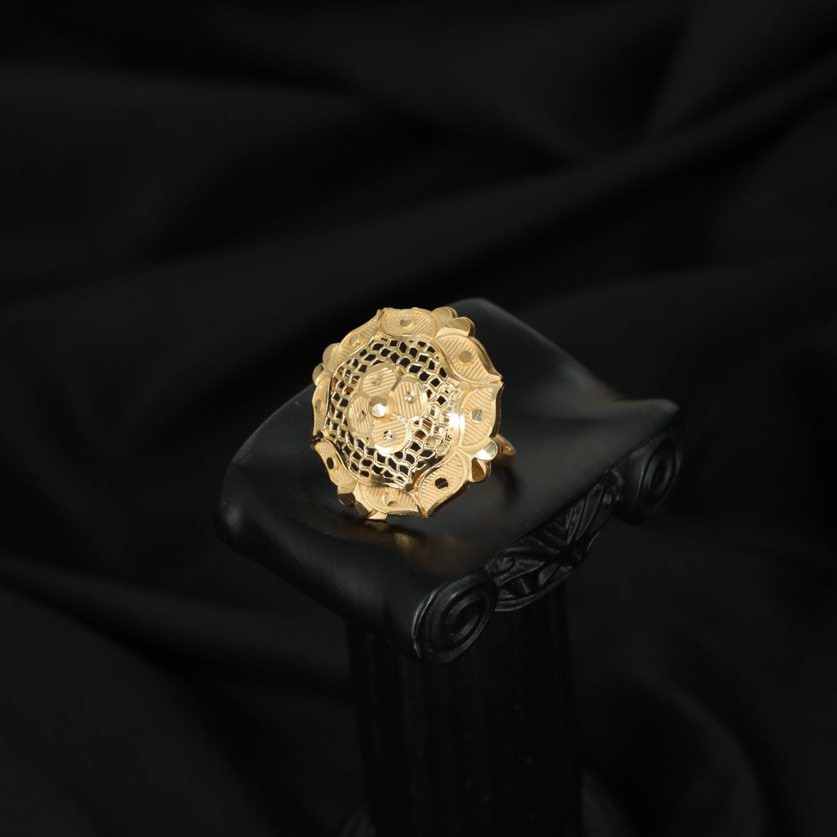 Gold Plated Honeycomb Floral Ring with Petal Border