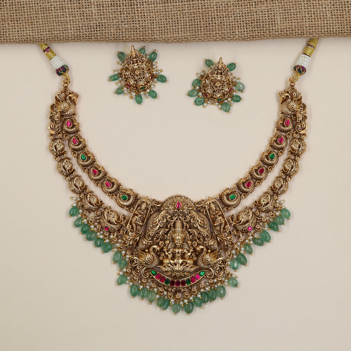 Antique Necklace with Goddess Lakshmi Centrepiece and Intricate Peacock Linkwork