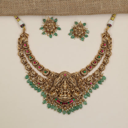 Antique Necklace with Goddess Lakshmi Centrepiece and Intricate Peacock Linkwork