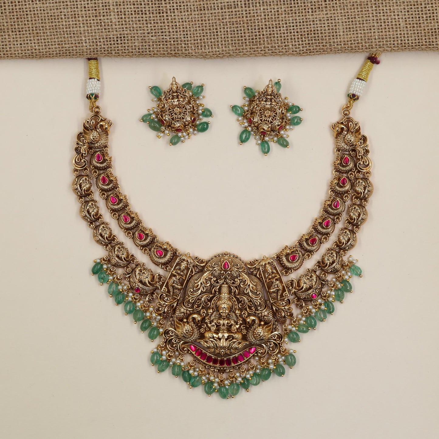 Antique Necklace with Goddess Lakshmi Centrepiece and Intricate Peacock Linkwork