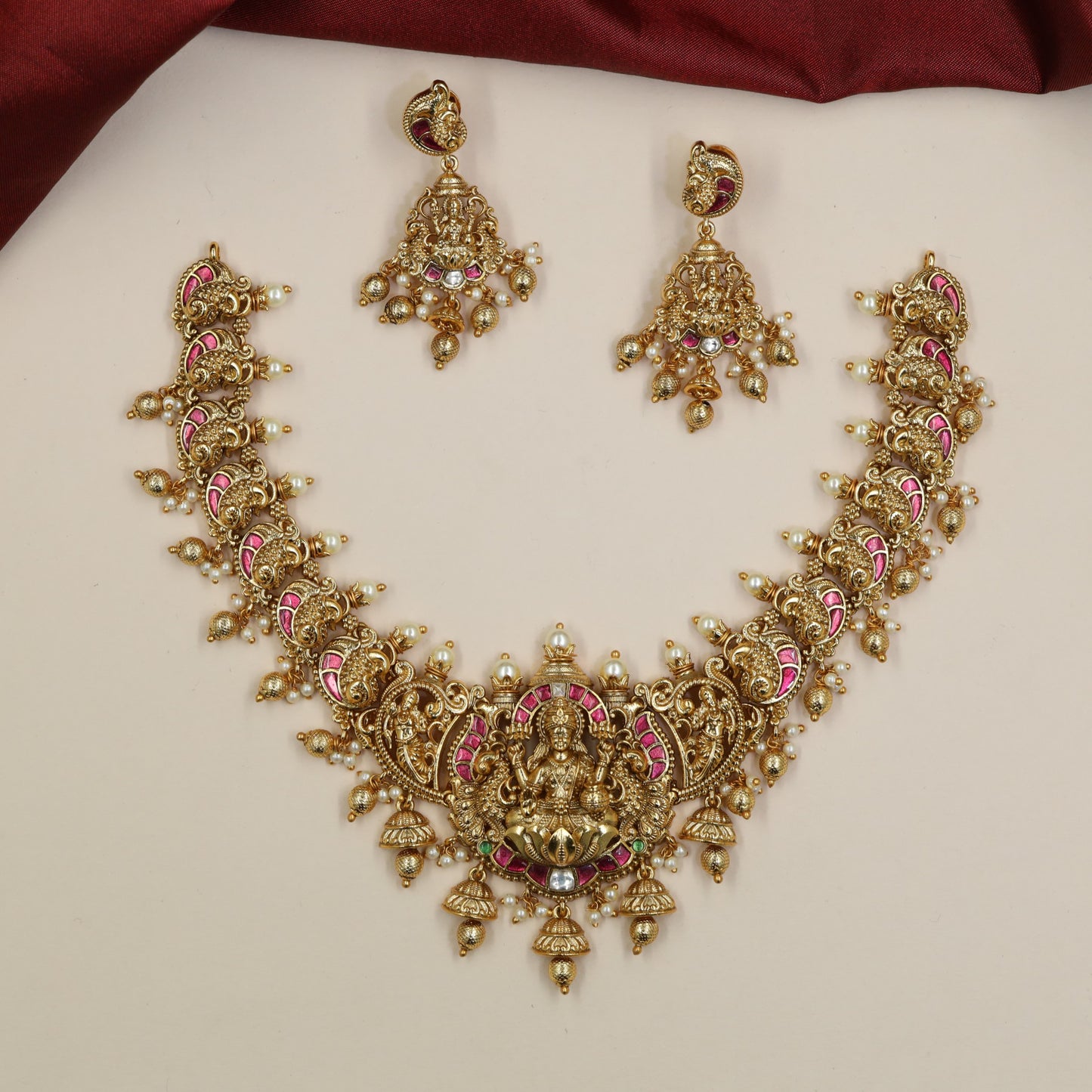 Antique Necklace with Goddess Lakshmi Centre and Repeating Peacock Links