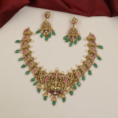 Antique Necklace with Lakshmi Medallion, Curved Linkwork and Decorative Drops
