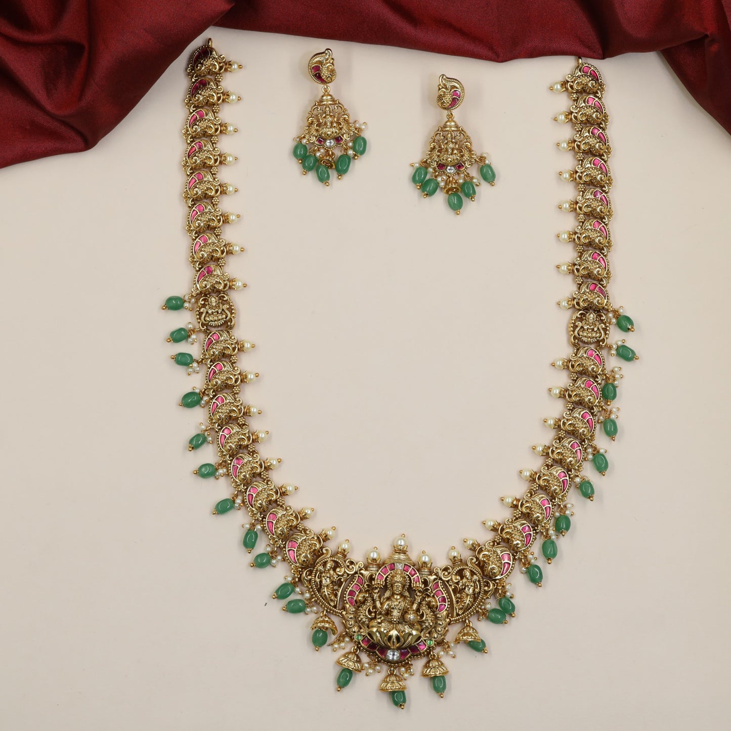 Antique Long Haara with Elaborate Lakshmi Pendant and Sculpted Link Details