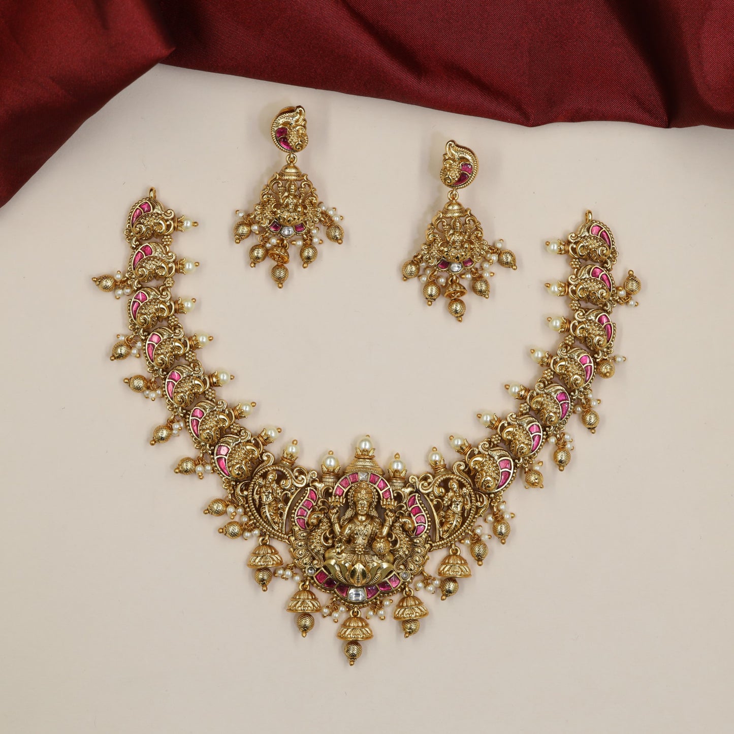 Antique Necklace with Goddess Lakshmi Centre and Repeating Peacock Links