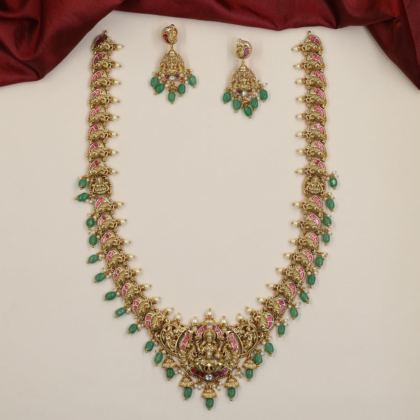 Antique Long Haara with Elaborate Lakshmi Pendant and Sculpted Link Details