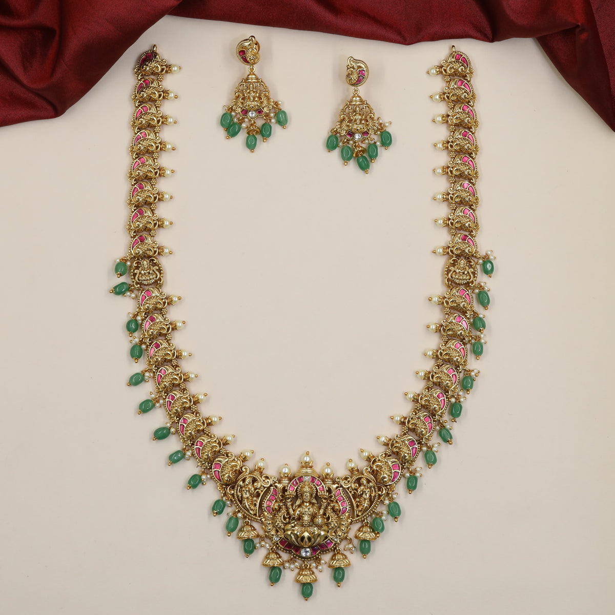 Antique Lakshmi Curved Link Long Haara Set with Bead Drops