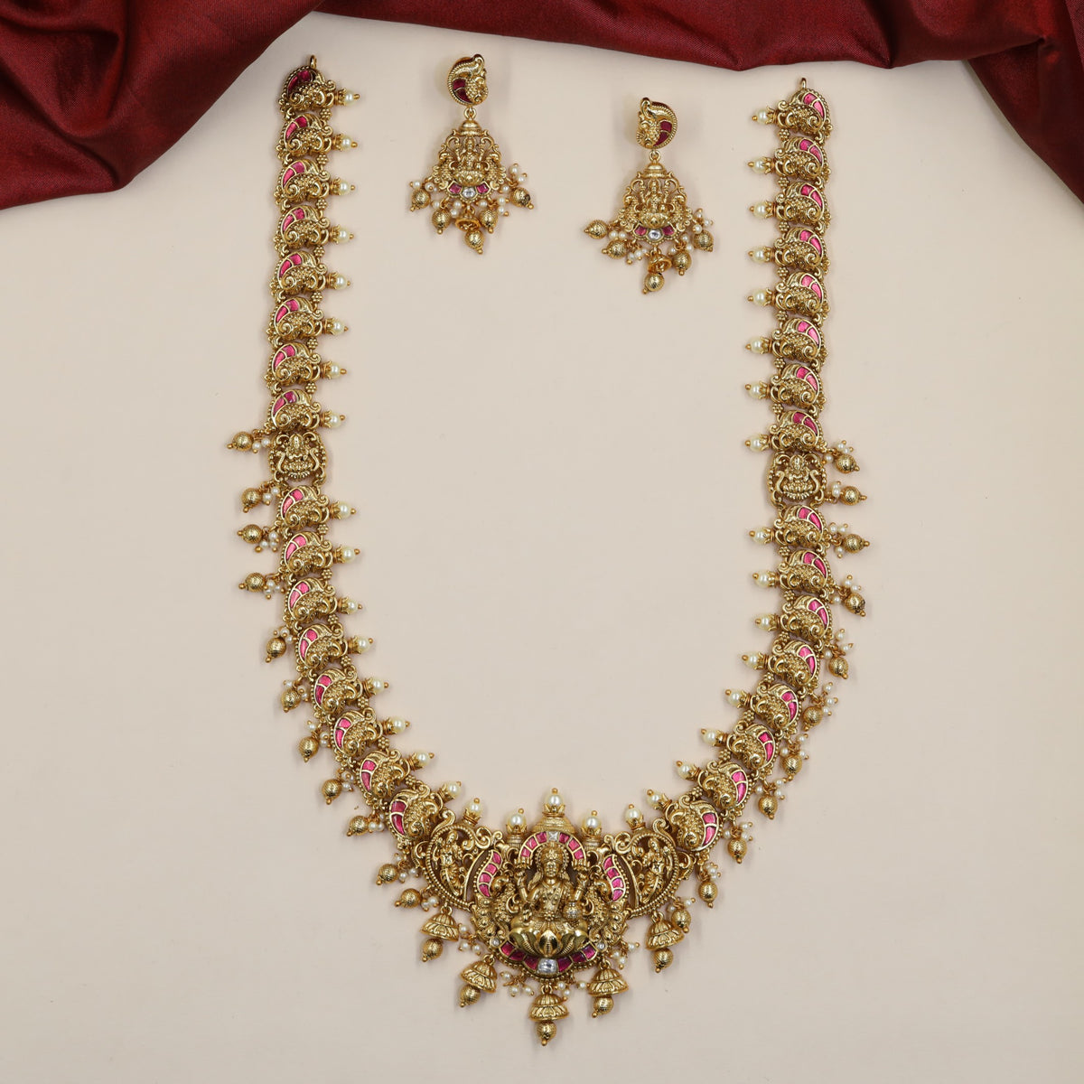 Antique Lakshmi Paisley Link Long Haara Set with Pendant Drops