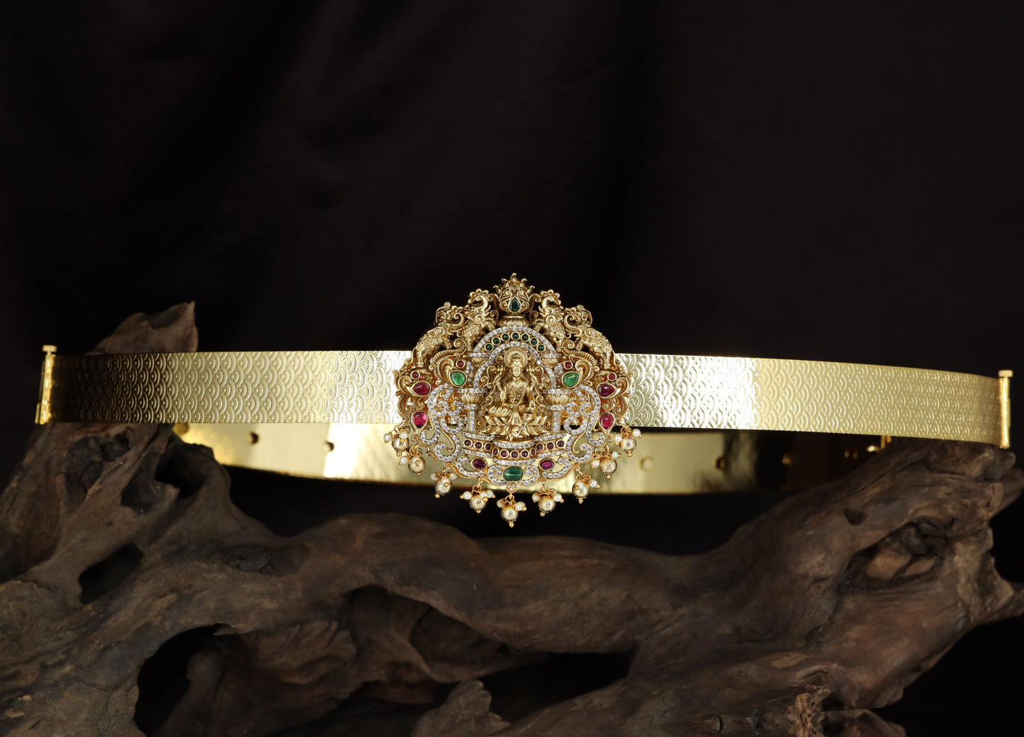 Antique Dabu Showcasing Goddess Lakshmi, Floral Scrolls and Pendant Drops