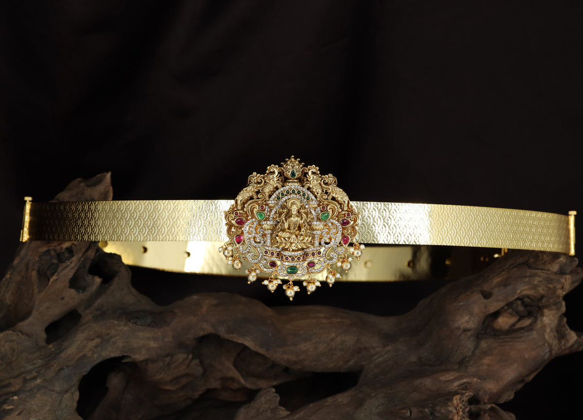 Antique Lakshmi Dabu with Floral Curves & Hanging Drops