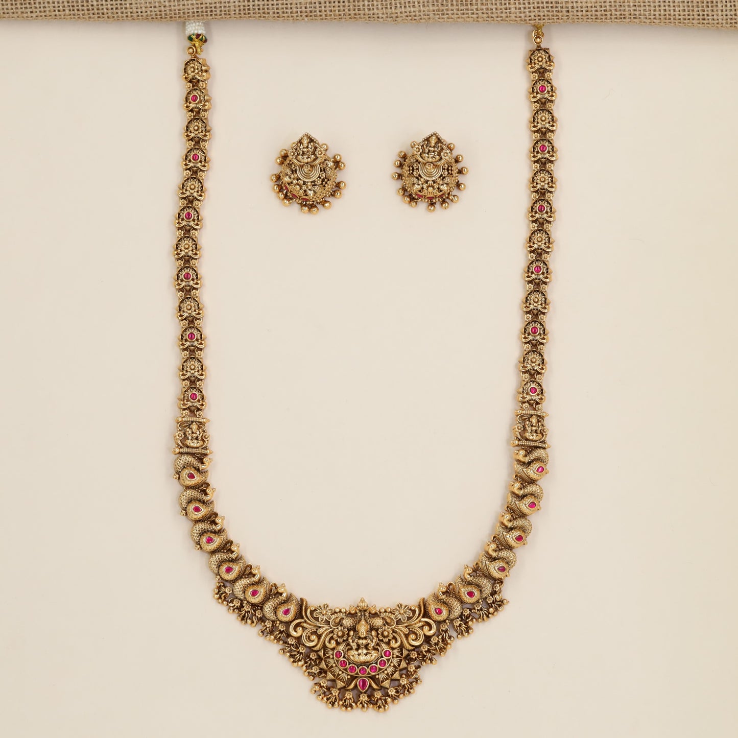 Antique Long Haara with Lakshmi Medallion and Sculpted Peacock Link Details