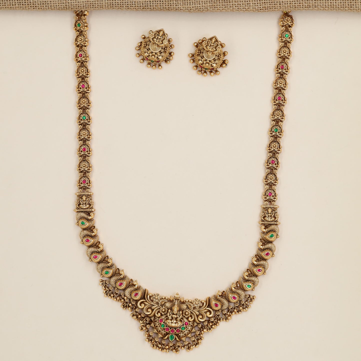 Antique Long Haara with Lakshmi Medallion and Sculpted Peacock Link Details
