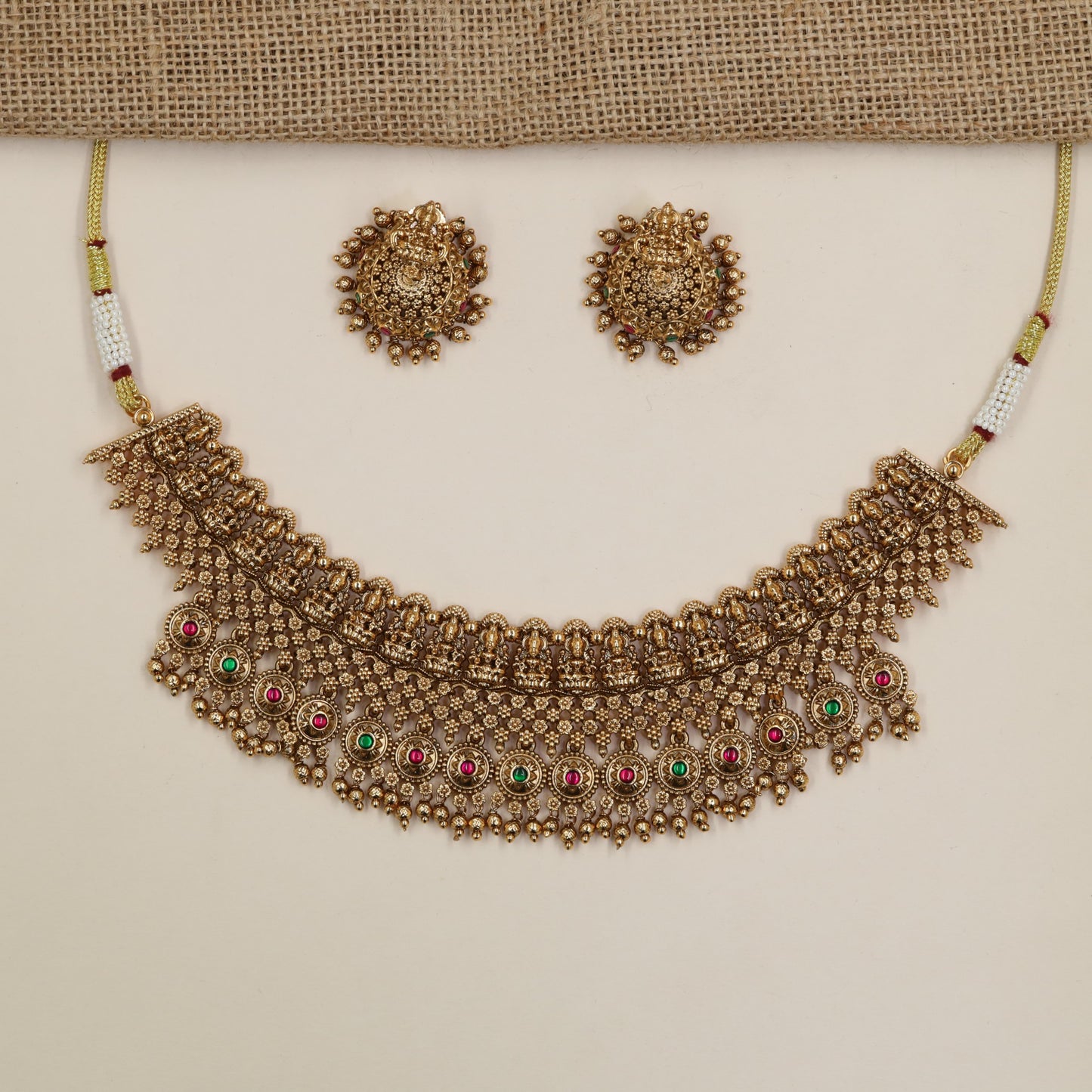 Antique Choker with Repeating Lakshmi Medallions and Ornamental Fringe