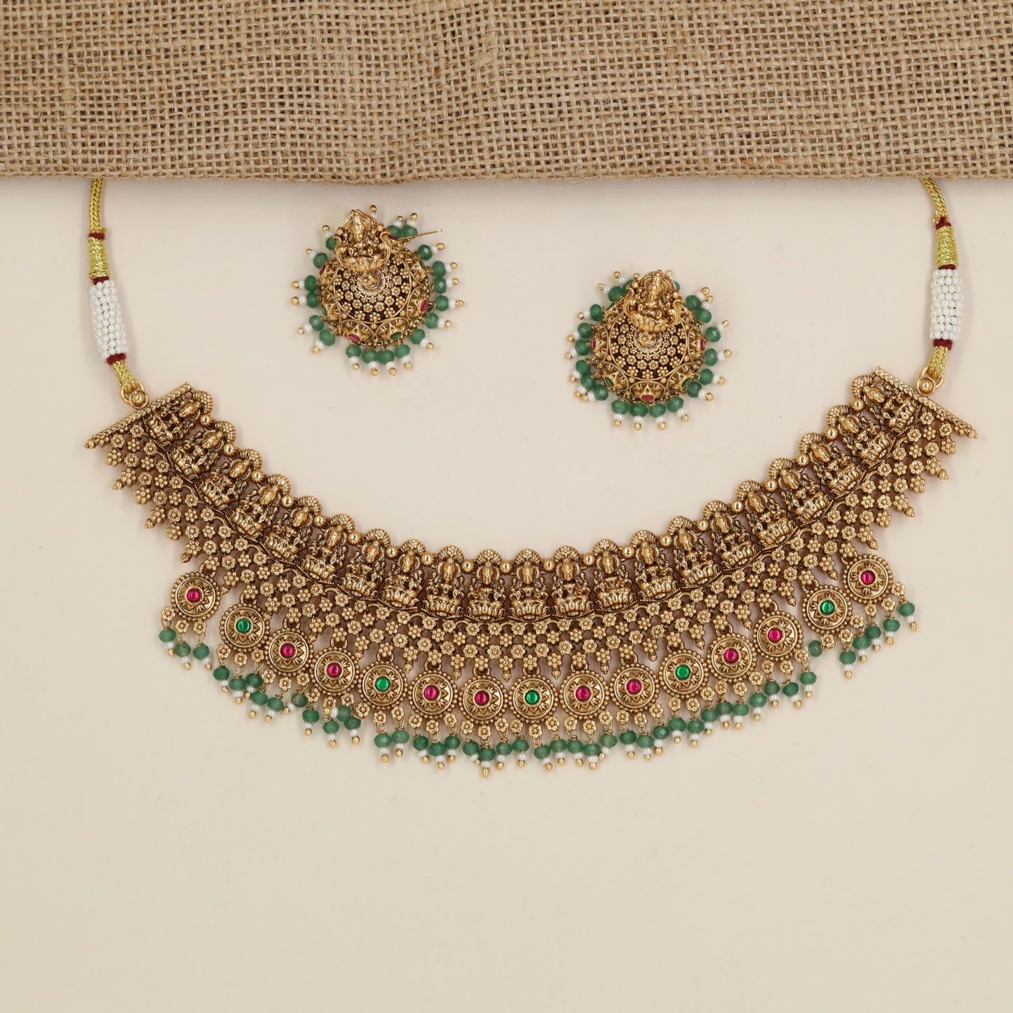 Antique Choker with Repeating Lakshmi Medallions and Ornamental Fringe