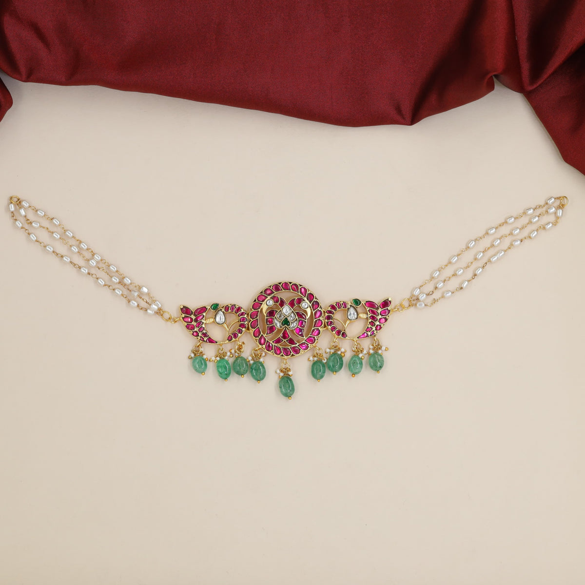 Jadau Gandaberunda Choker with Triple Pearl Strands