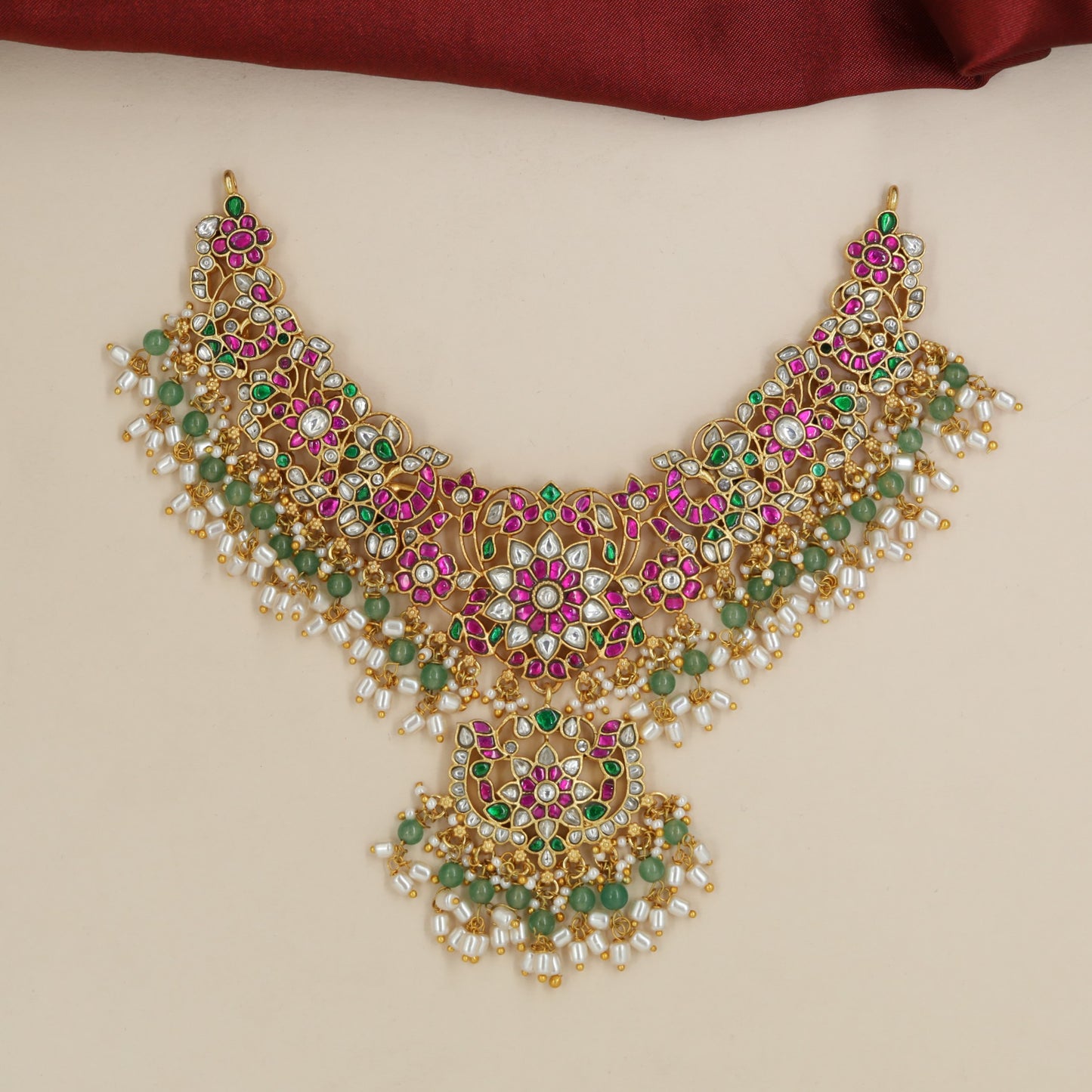 Jadau Necklace with Repeating Flowers, Leaf Forms and Beaded Fringe