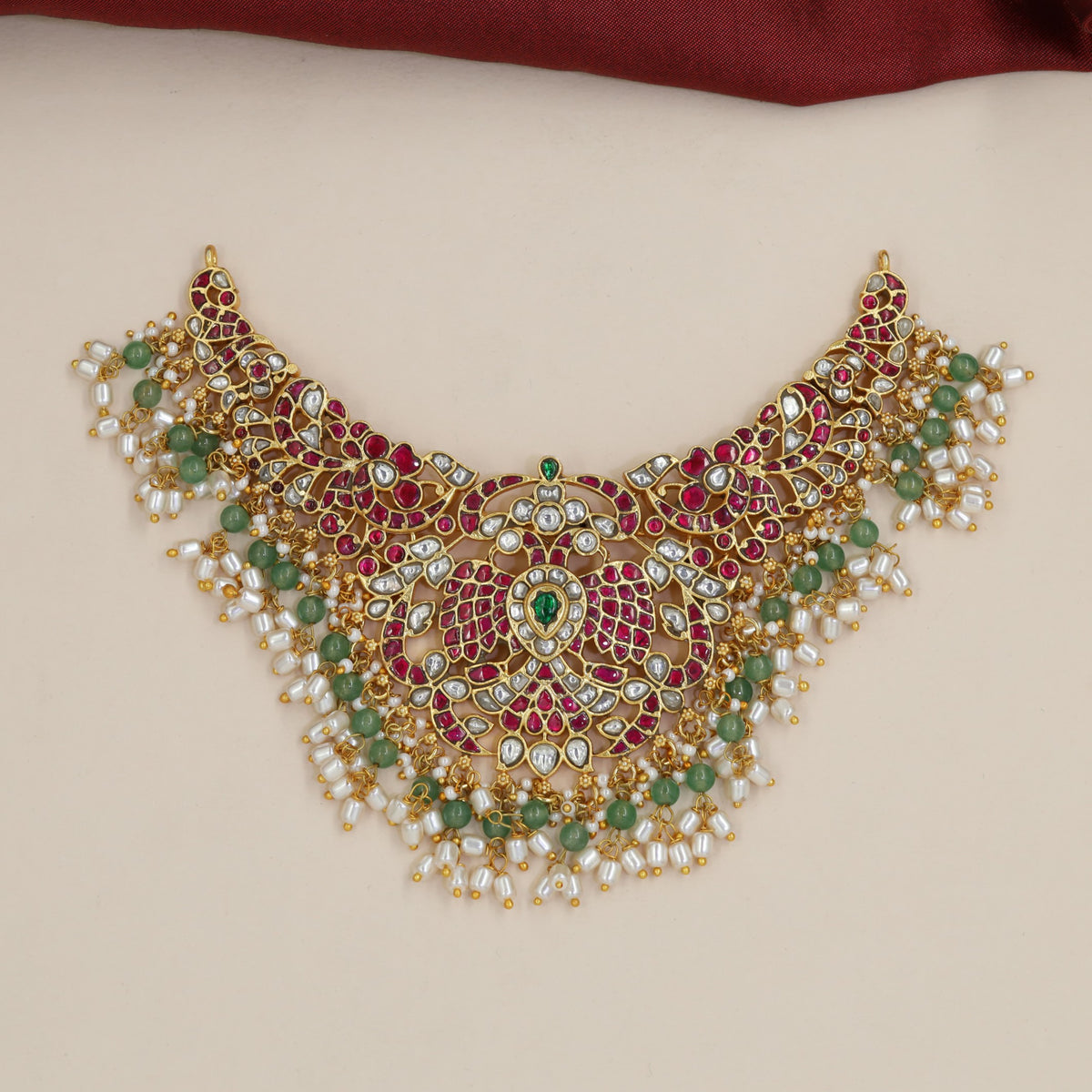 Jadau Floral Paisley Necklace with Teardrop Centre & Bead Fringe