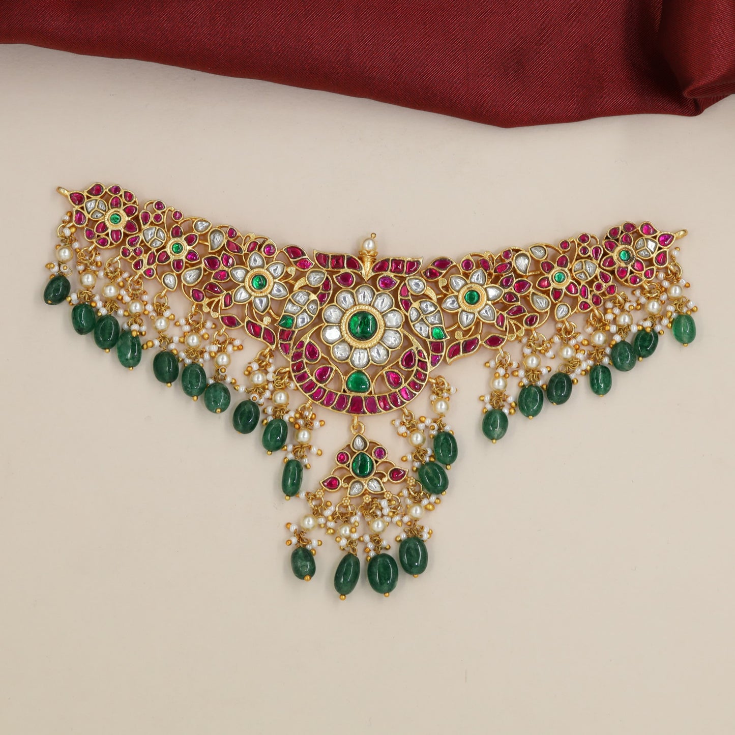 Jadau Choker with Layered Floral Panels and Pendant Fringe