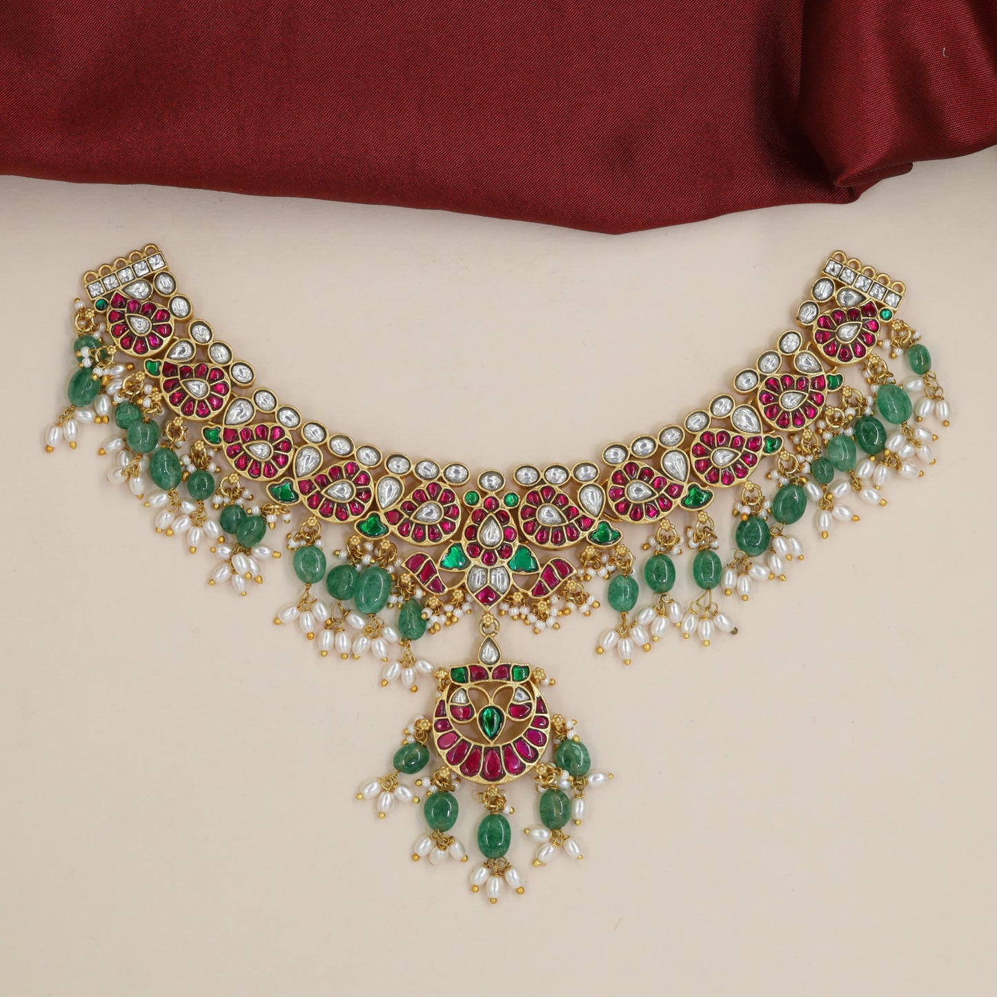 Jadau Necklace with Repeating Floral Panels and Beaded Fringe