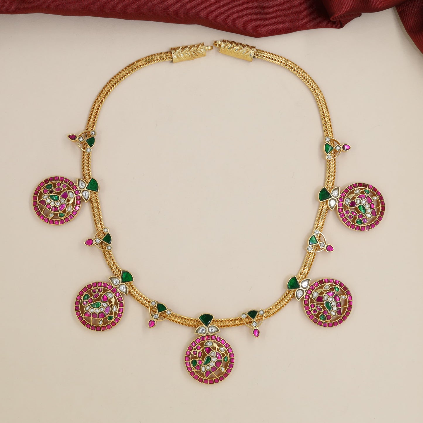 Peacock Medallion Jadau Necklace with Ornamental Link Detailing