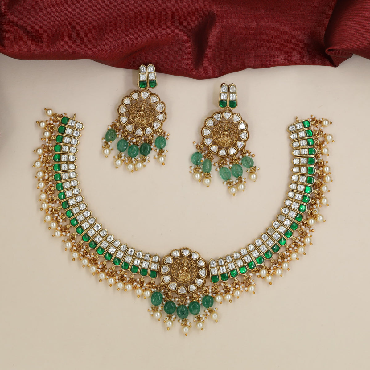 Jadau Square Link Necklace with Triple Circular Medallions