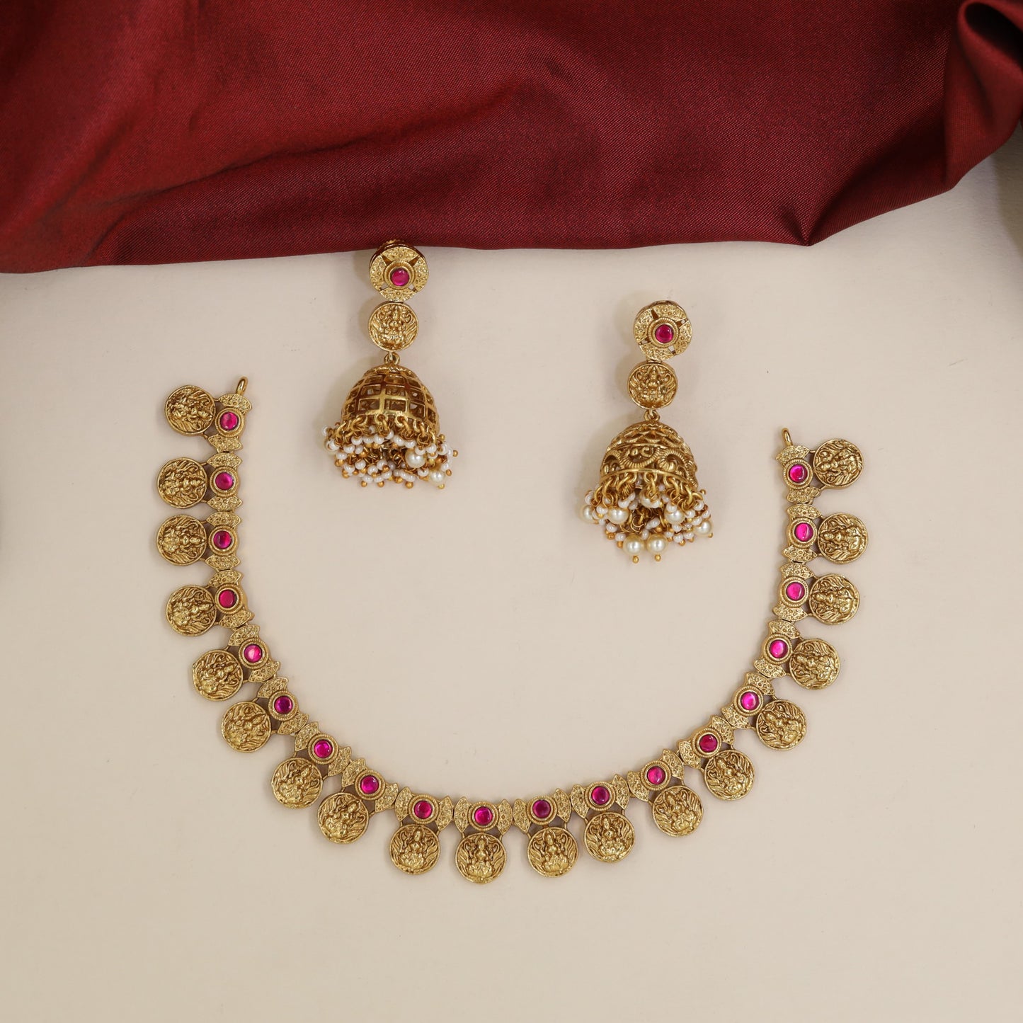 Jadau Necklace with Lakshmi Coin Pendants and Round Settings