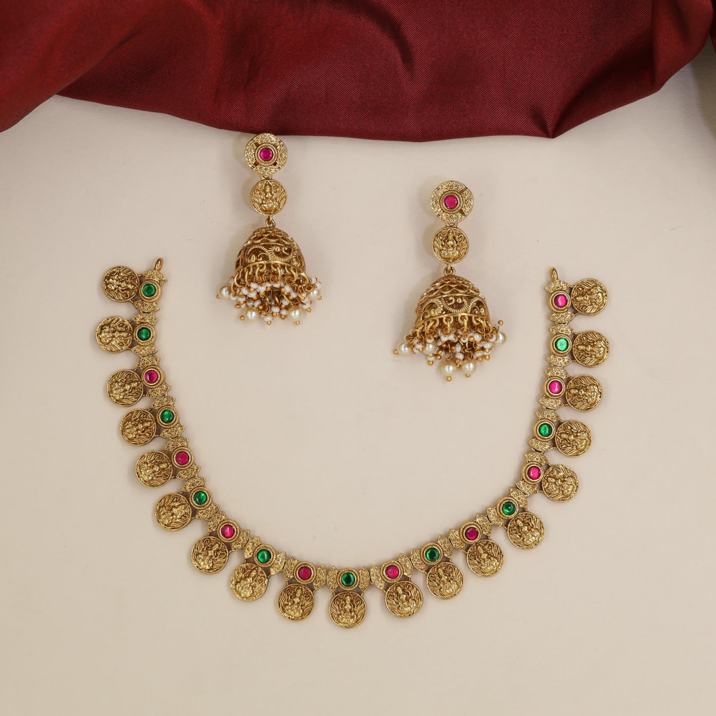 Jadau Necklace with Lakshmi Coin Pendants and Round Settings