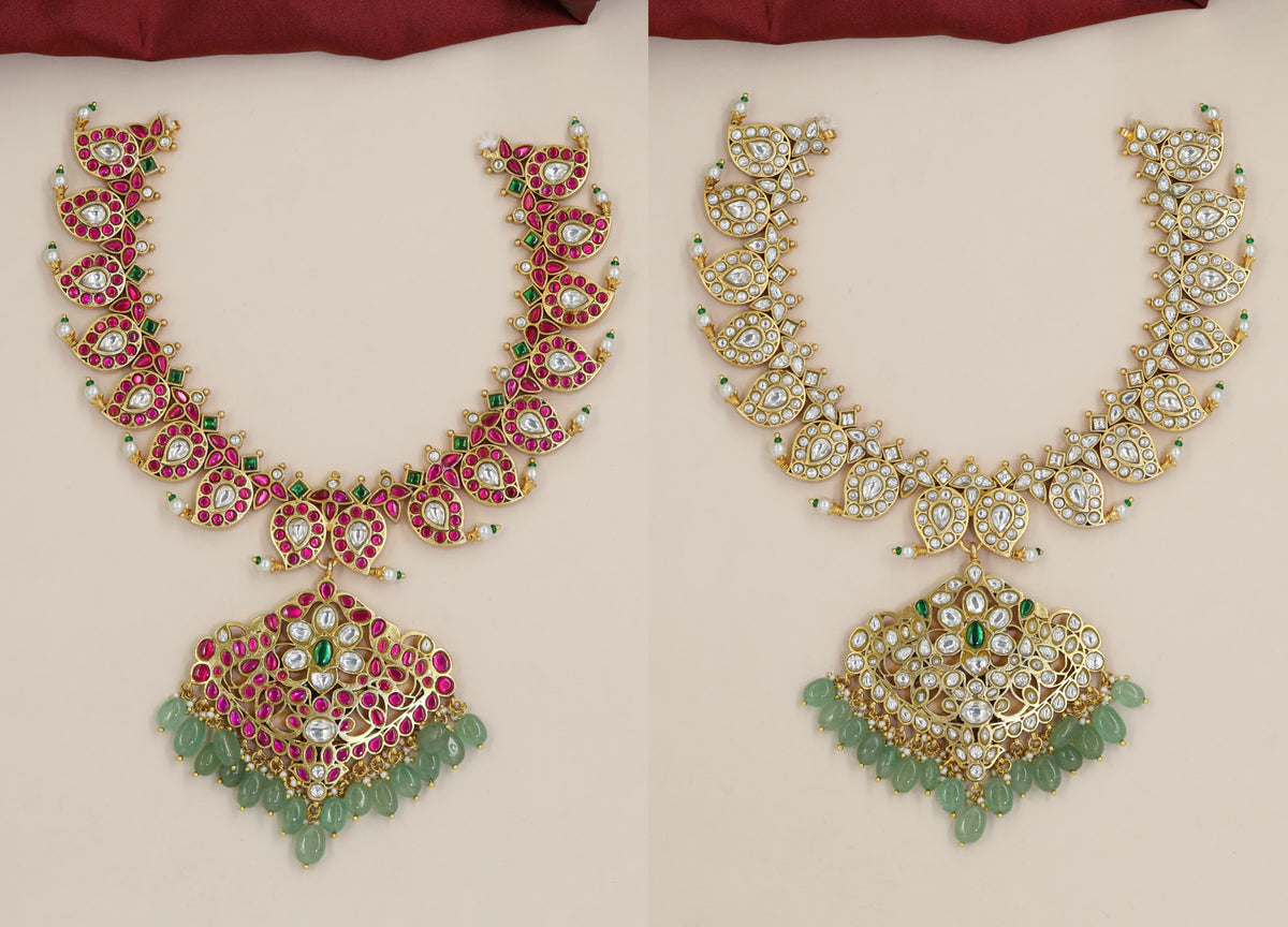 Jadau Paisley Link Necklace with Statement Pendant & Green Drops
