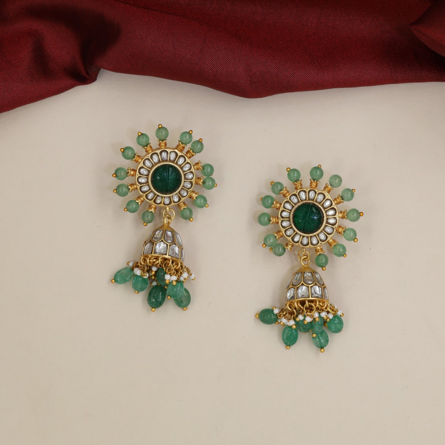 Kundan Jumkas with Circular Petal Setting, Dome Work and Beaded Drops