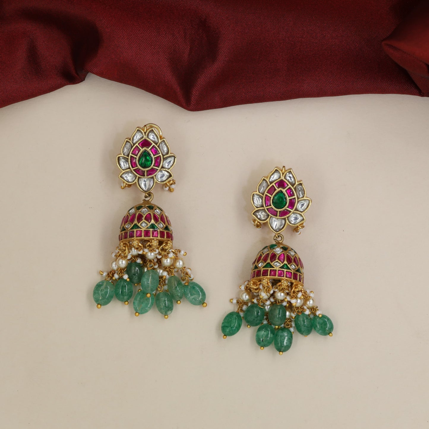 Traditional Jadau Jumka with Petal Frame and Beaded Fringe