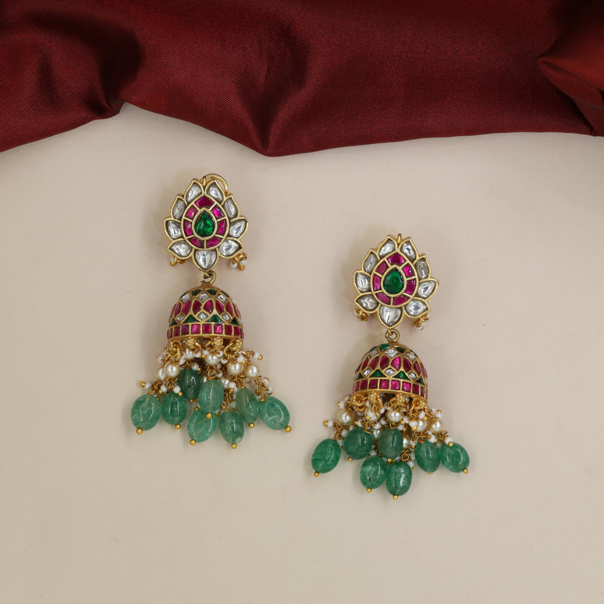 Jadau Jumka with Petal Crest & Pearl-Style Fringe