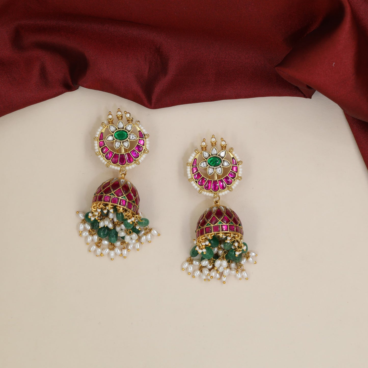 Regal Jadau Jumka with Radial Petals and Clustered Bead Fringe