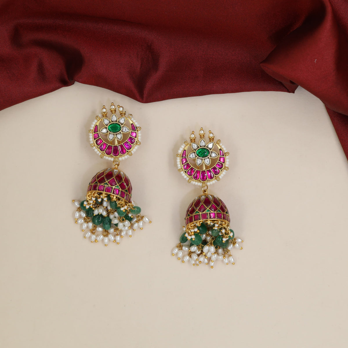 Jadau Jumka with Radial Floral Medallion & Green Beads