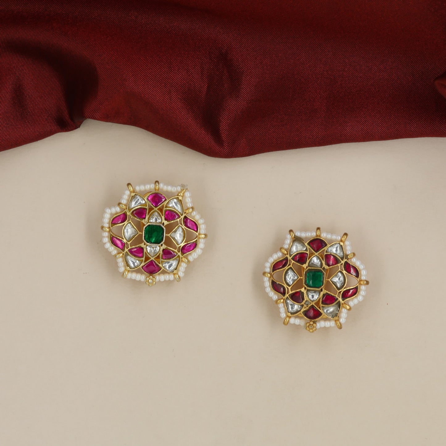 Signature Jadau Studs with Central Square Detail and Floral Geometry