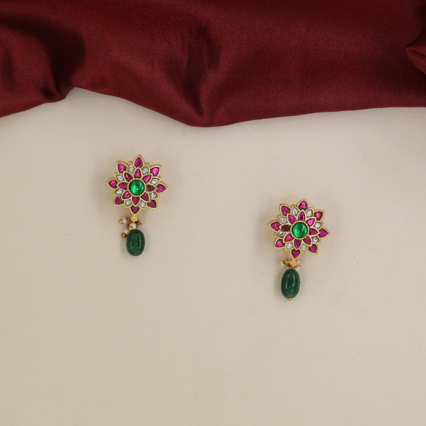 Jadau Studs with Radial Floral Petals and Green Bead Drops