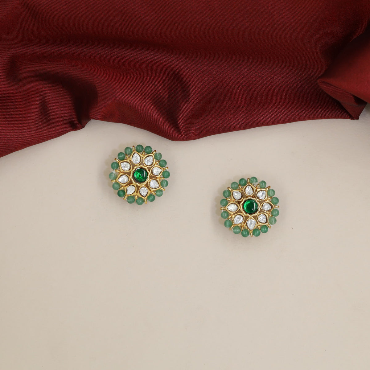 Kundan Studs with Pointed Petals & Green Bead Border
