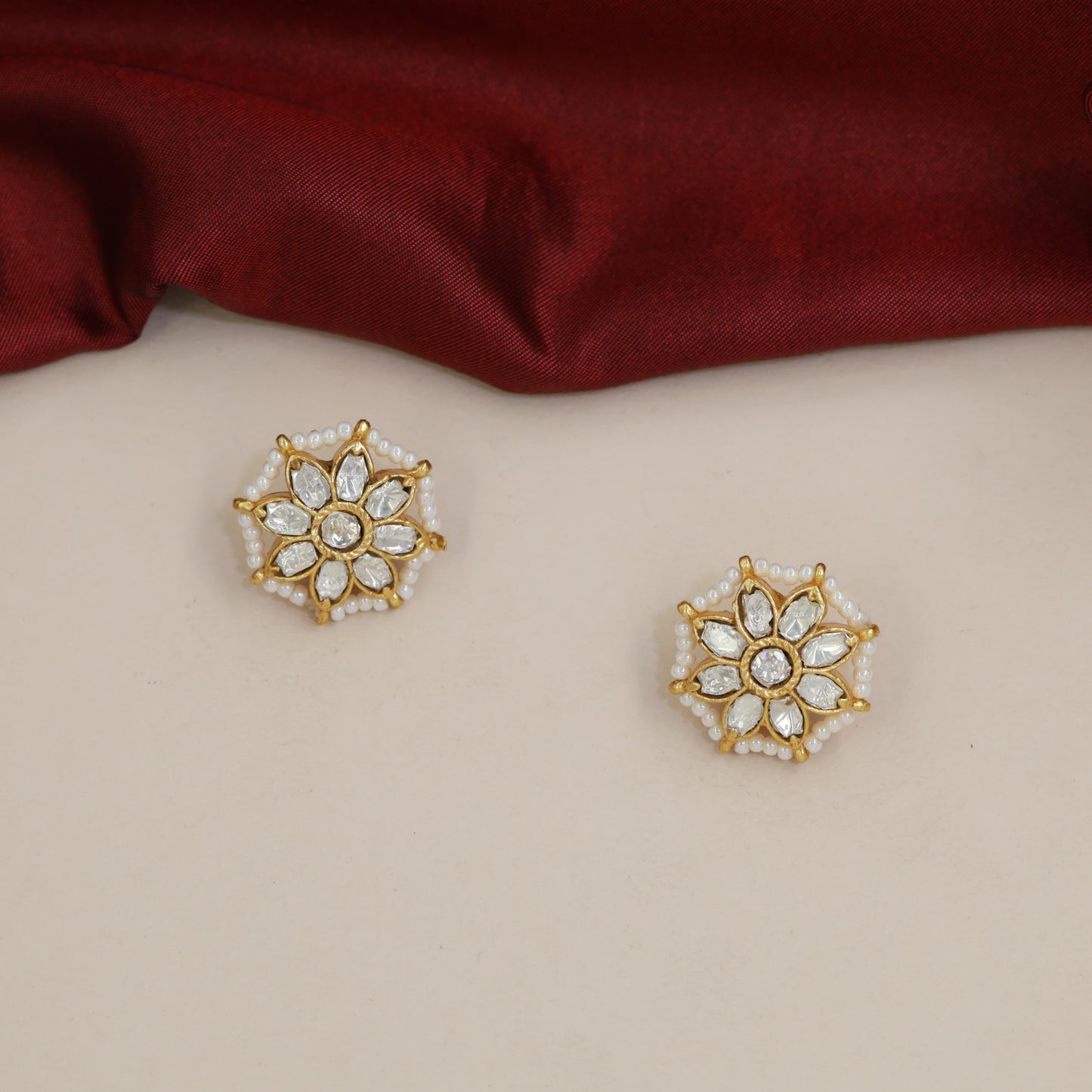 Kundan Studs with Sculpted Flower Centre and Pearl Edge