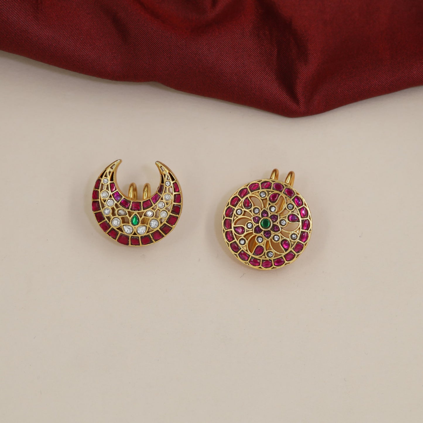 Jadau Sun And Moon Set with Circular Floral Medallion and Crescent Form