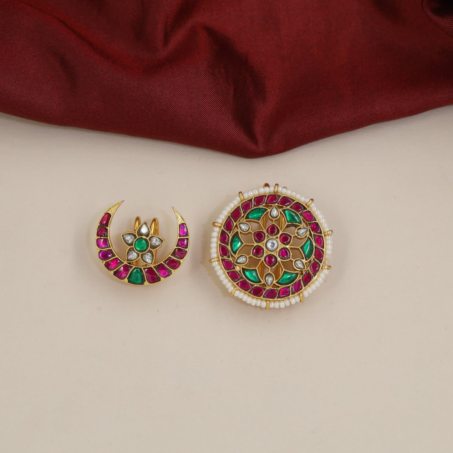 Jadau Sun And Moon With Crescent Frame And Radial Floral Design