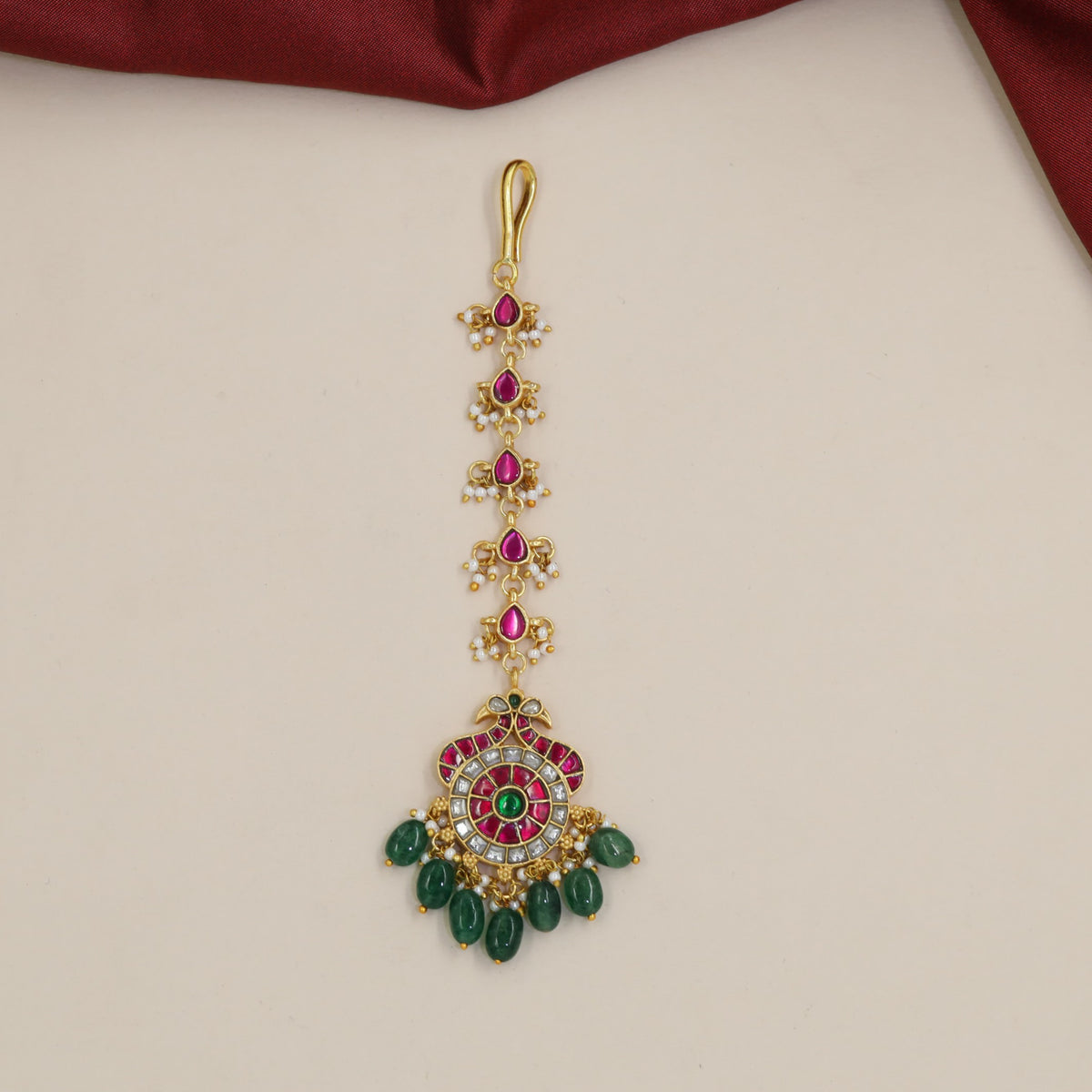 Jadau Peacock Tikka with Teardrop Links & Green Beads