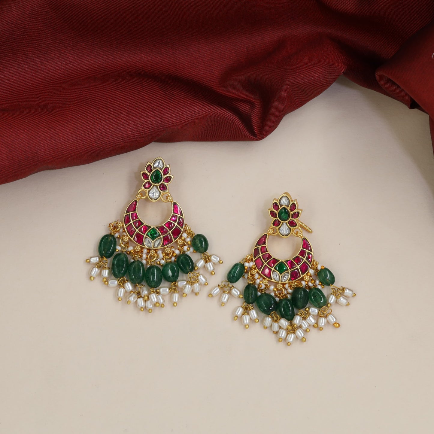 Traditional Jadau Hangings with Floral Crest and Graduated Beads