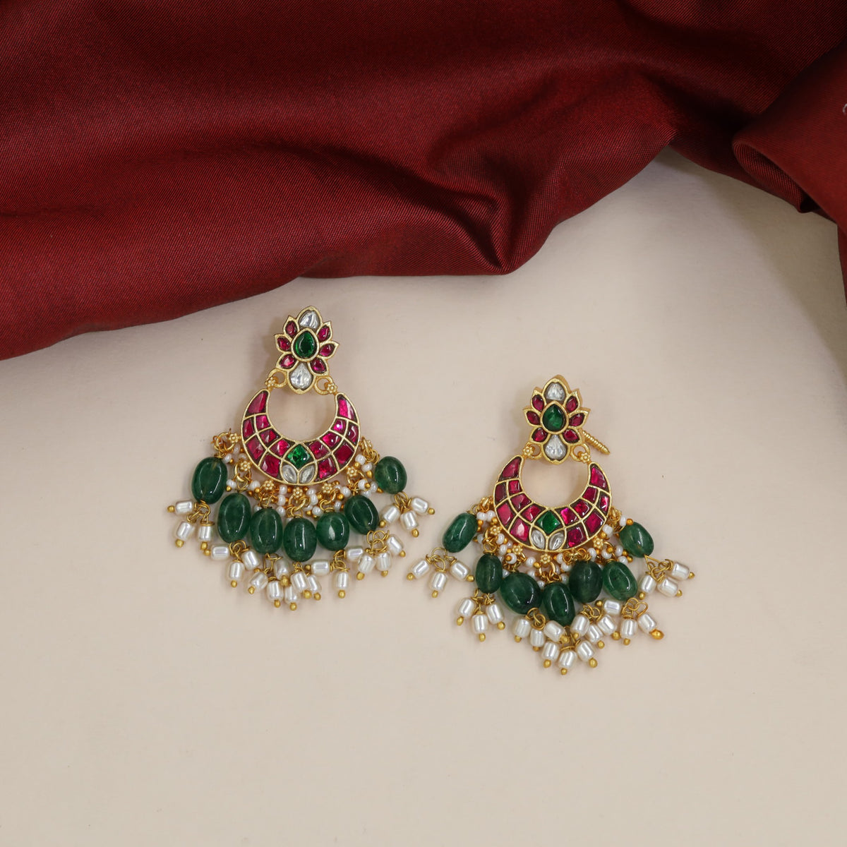 Jadau Floral Crest Earrings with Graduated Bead Fringe