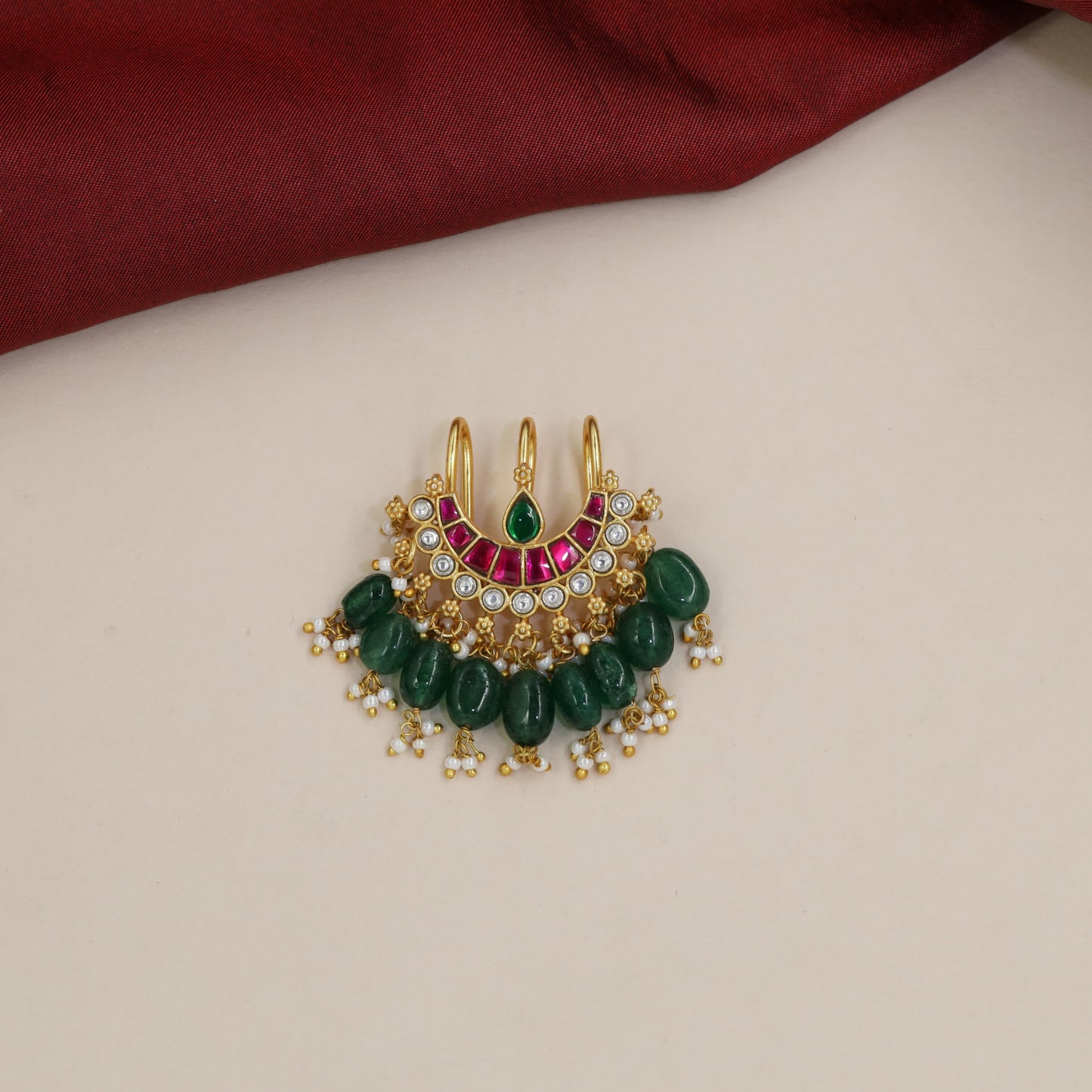 Jadau Bille with Teardrop Centre and Beaded Green Drops