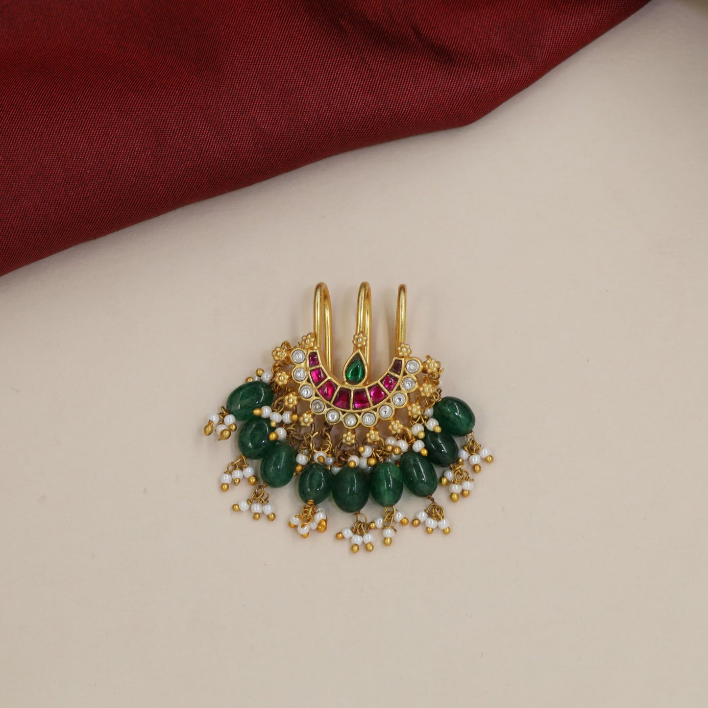 Jadau Bille with Teardrop Centre and Beaded Green Drops