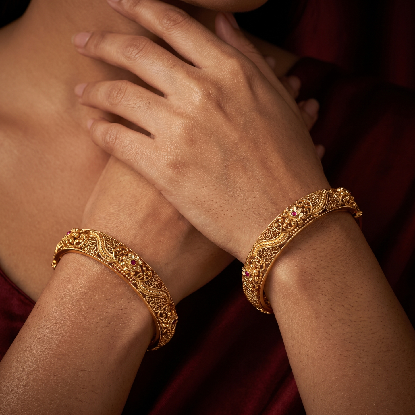 Antique Bangles with Repeated Rosette Details, Scrollwork and Fine Textured Borders