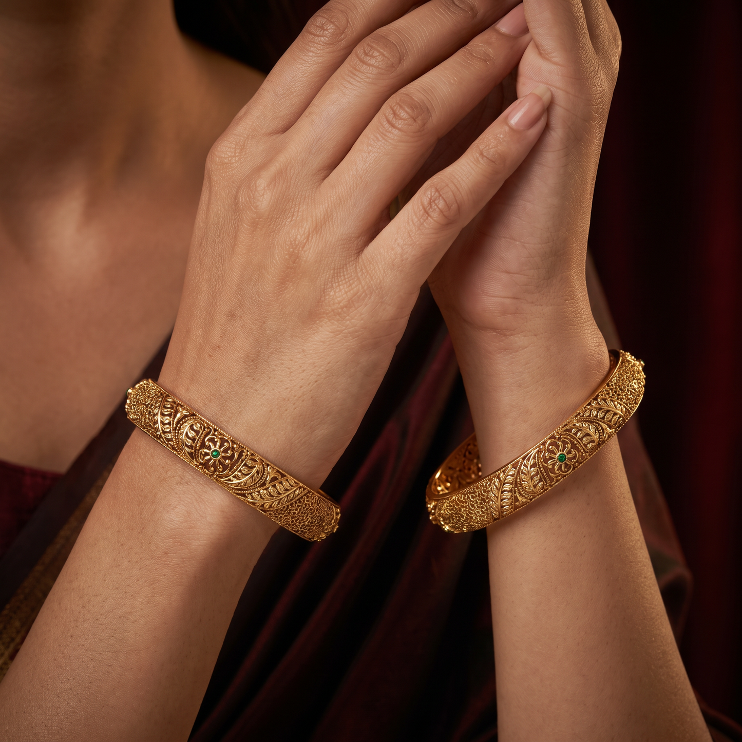 Antique Bangles with Continuous Botanical Scrollwork and Intricate Granulated Borders