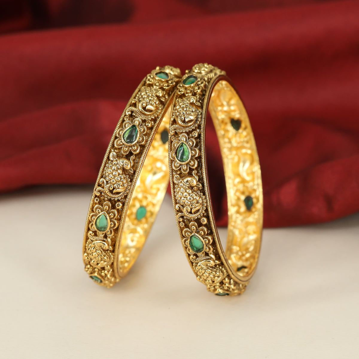 Antique Peacock Bangles with Floral-Framed Panels