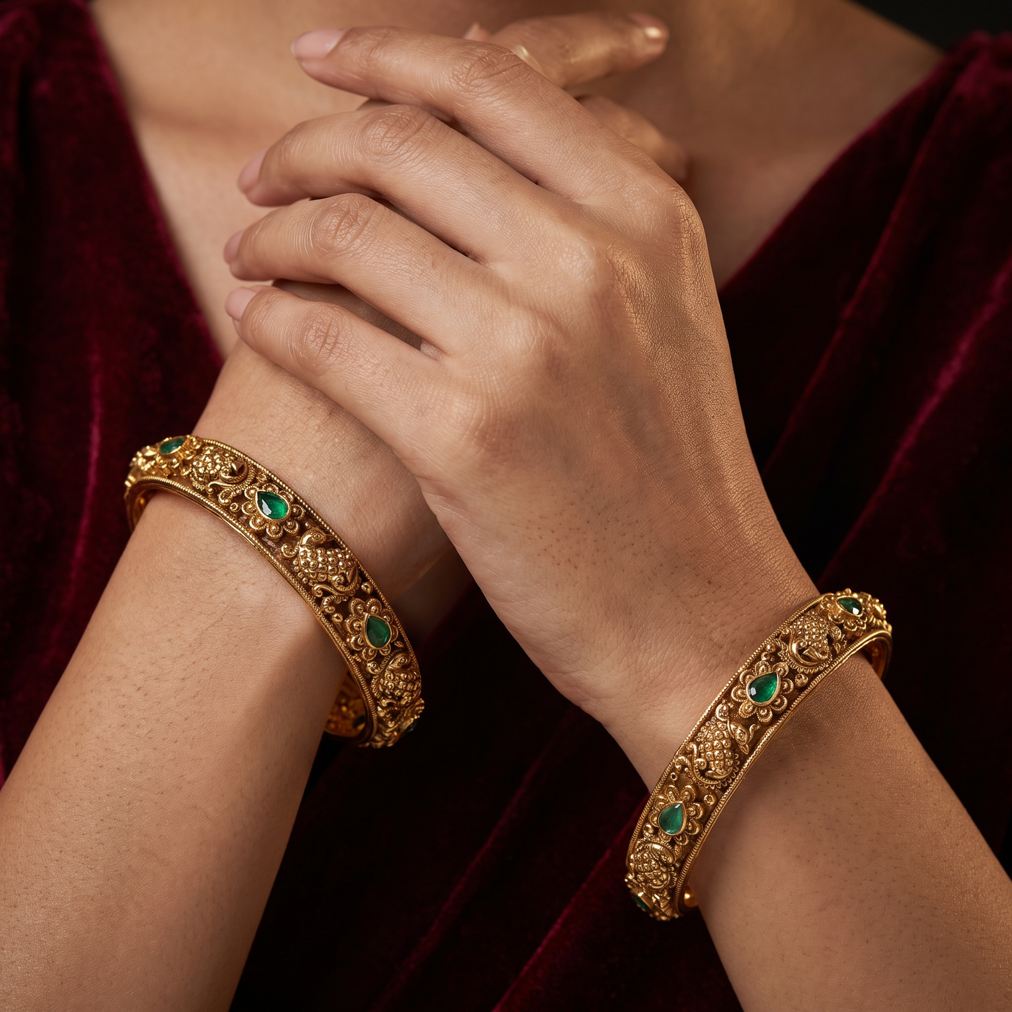 Traditional Peacock Motif Bangles with Repeated Floral Settings and Sculpted Detailing